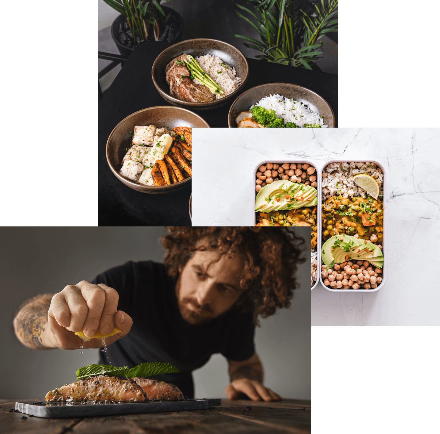 Man enjoying food, meals in storage container, and food bowls on a table